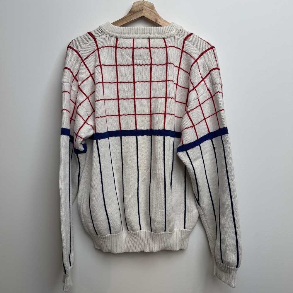 VTG Competitive Edge Neiman Marcus Large Knit Sweater Henley Cotton White Grid - Picture 7 of 13